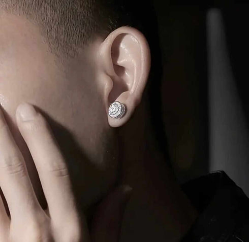 18k White Gold Plated Large CZ Center Stone Brilliant Cut Halo Stud Earrings